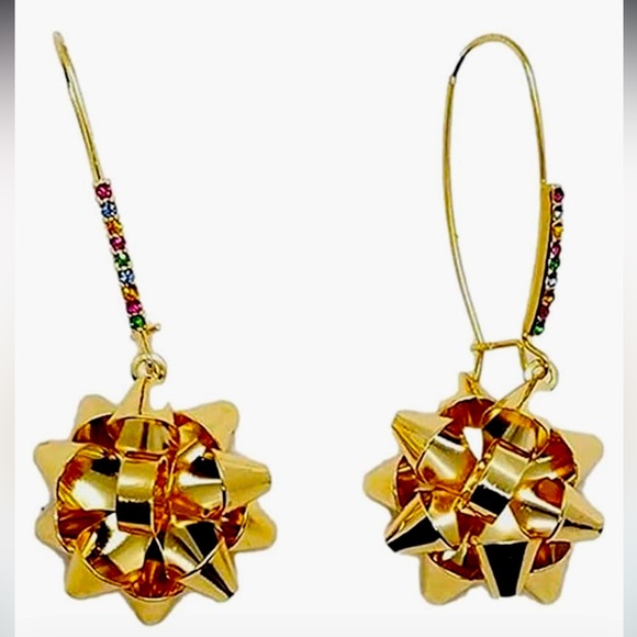 New Betsey Johnson Gold Bow Dangle Earrings - Picture 1 of 13